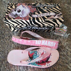 Ed Hardy koi fish graphic wedge Flip Flop sandal in original box 7
